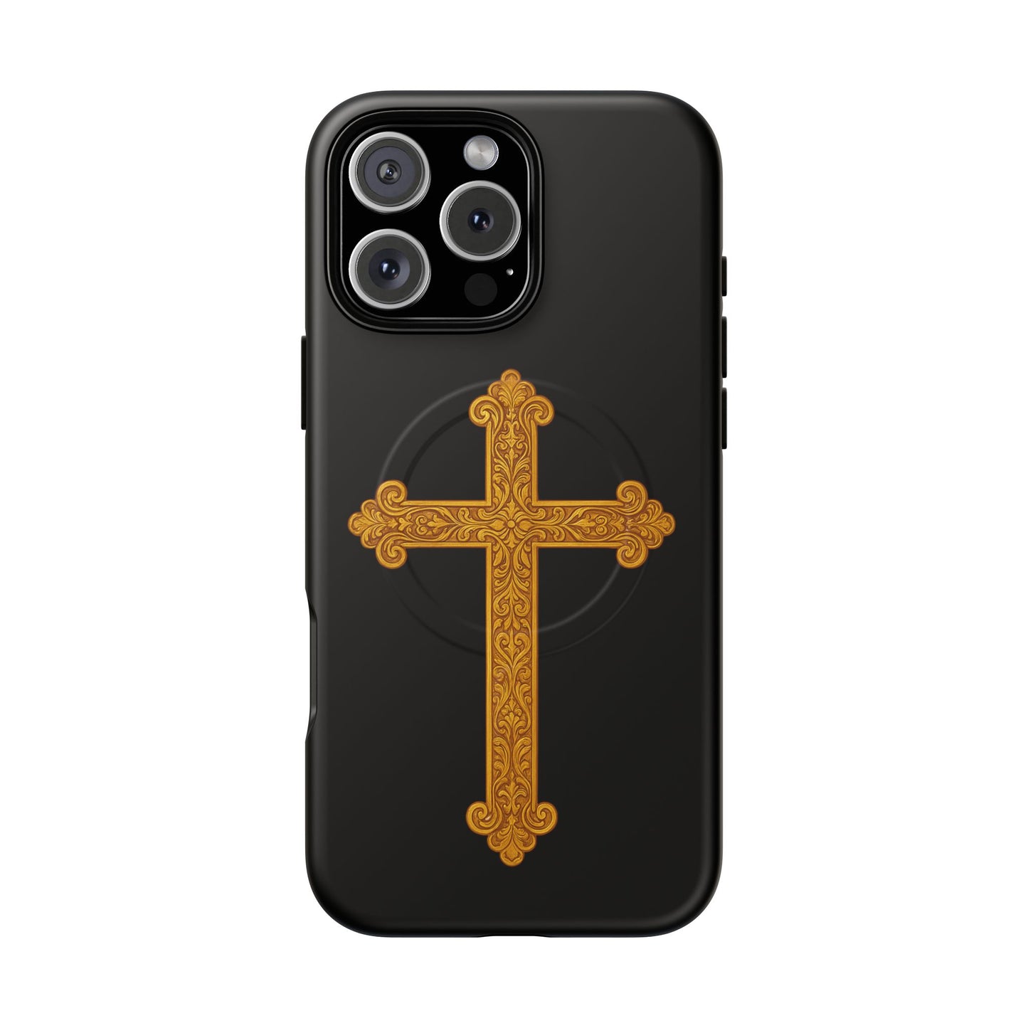 Gold Cross on Black Magnetic Tough Case for iPhone – Strength in Faith