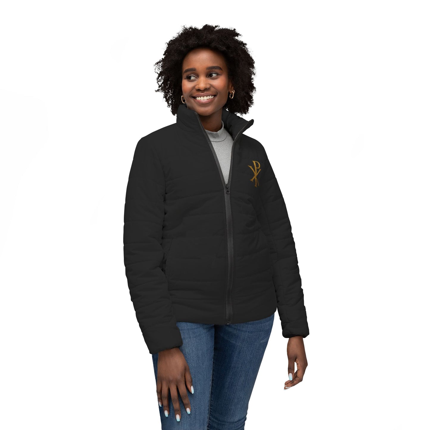 Heralded Faith Women’s Puffer Jacket in Black – Gold Chi Rho Crest