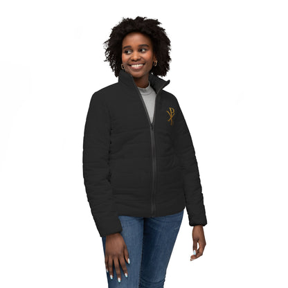 Heralded Faith Women’s Puffer Jacket in Black – Gold Chi Rho Crest