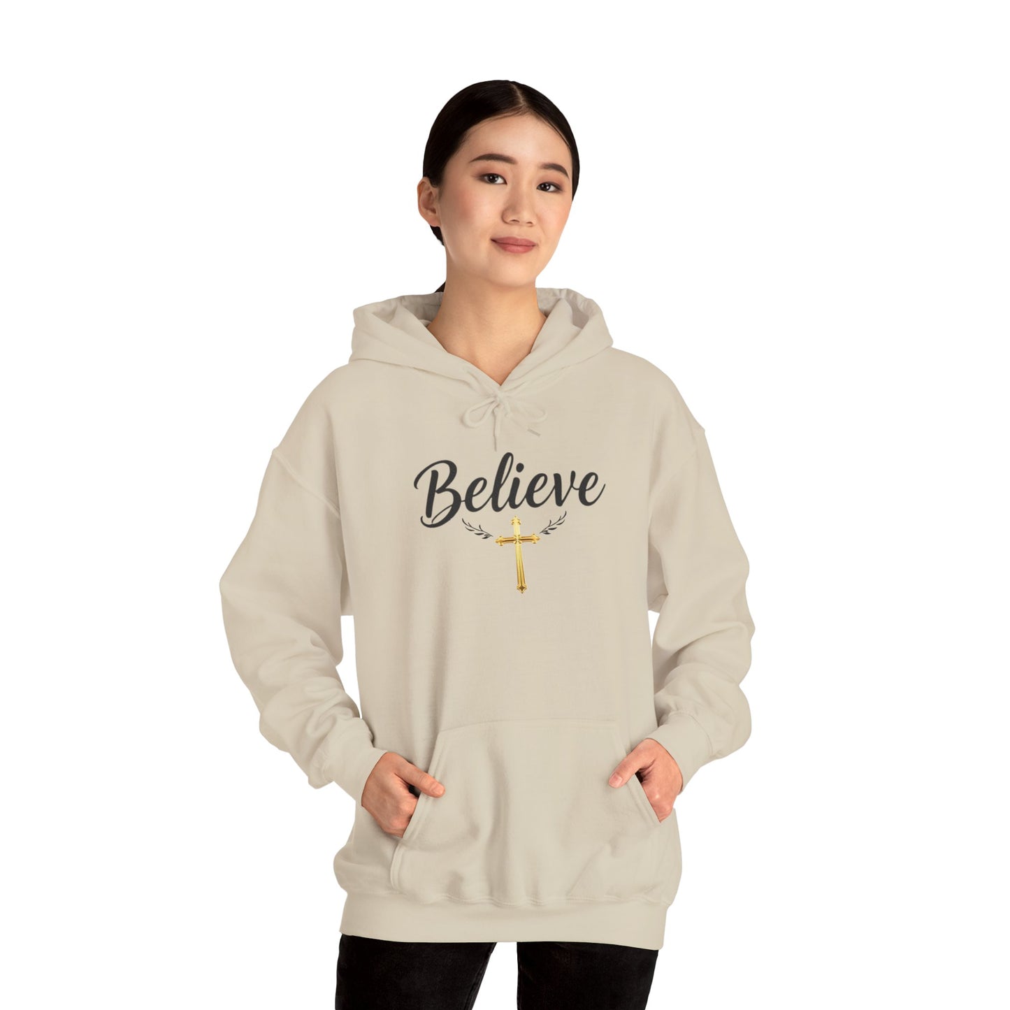 Believe - Women's Christian Hoodie with Golden Cross