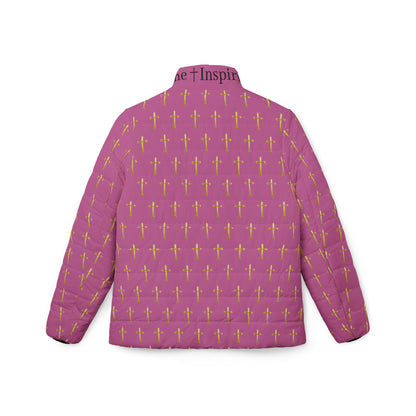 Golden Light Women’s Puffer Jacket in Pink – All-Over Cross Pattern