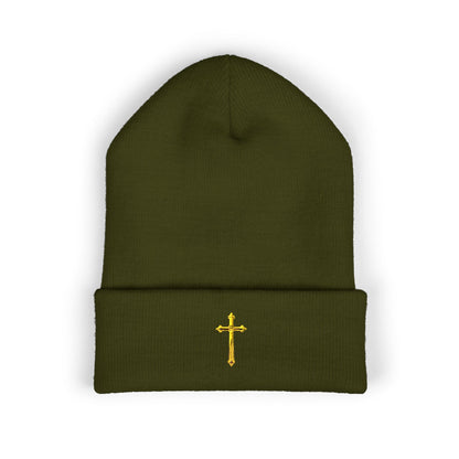 Golden Grace Cuffed Beanie – Embroidered Cross