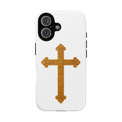 Gold Cross on White Magnetic Tough Case for iPhone – Strength in Faith