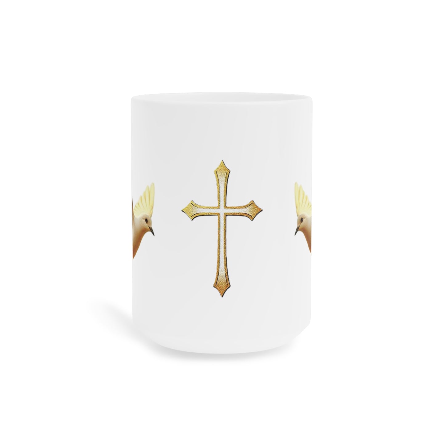 Gold Cross & Dove Mug – Peace and Faith in Every Sip