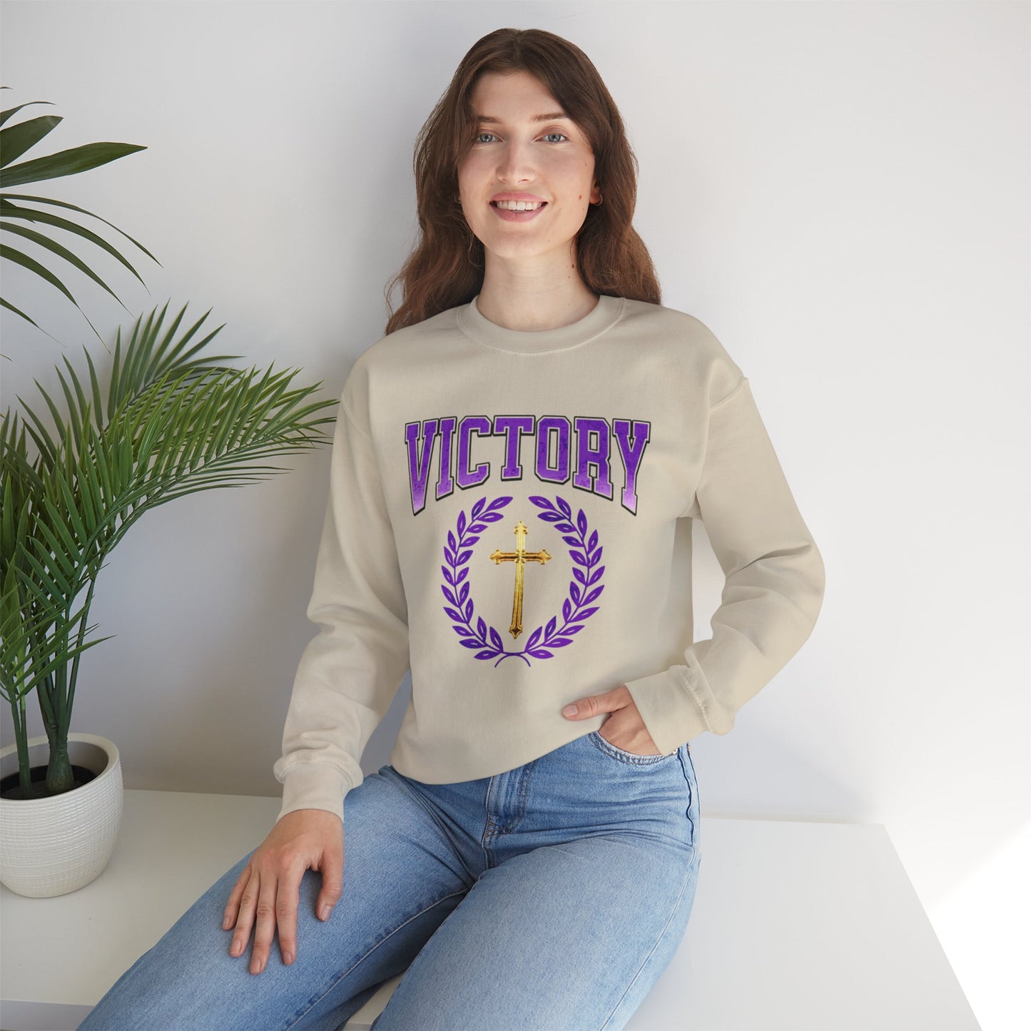 Victory Women’s Sweatshirt – Bold Purple Logo, Faith in Comfort