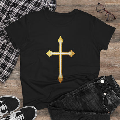Women’s Gold Cross Tee – Christian Faith Shirt with Bold Cross Design
