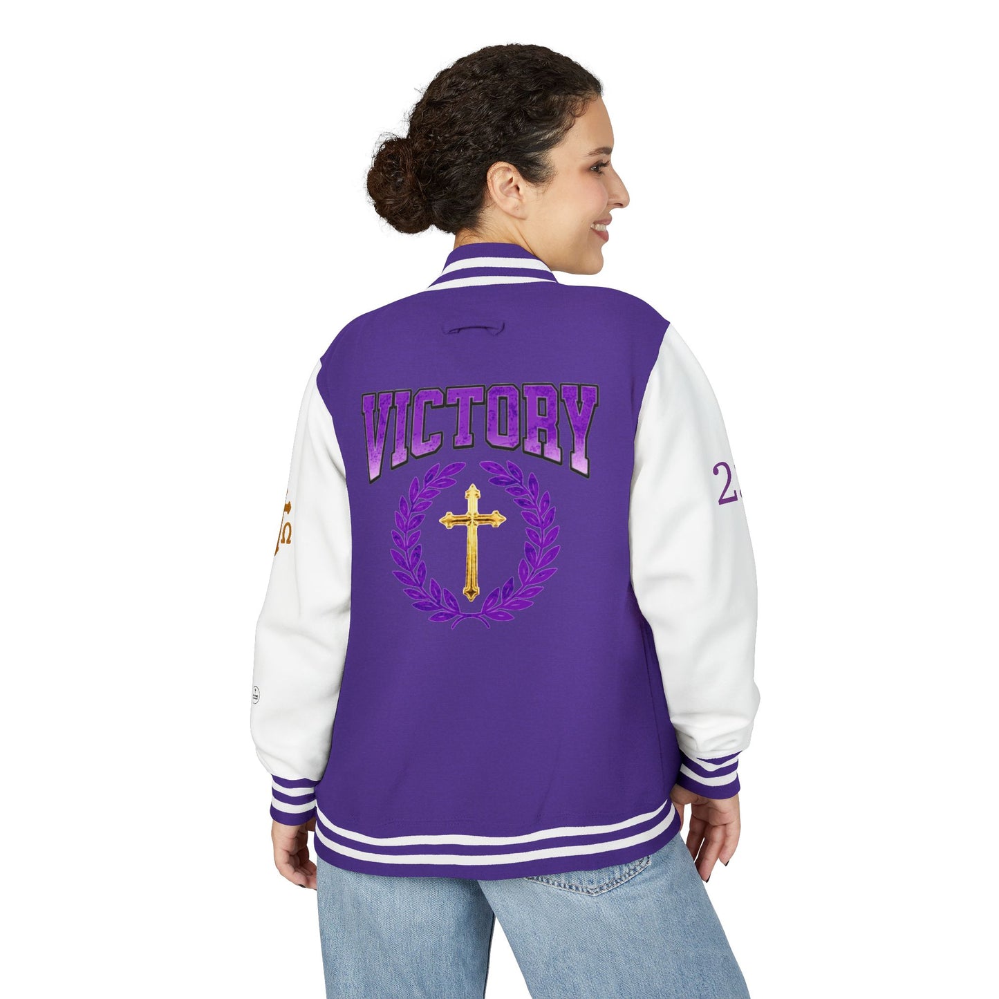 Victory in Christ Women’s Letterman Jacket – Grace in Triumph