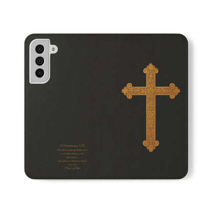 Black with Gold Cross & 1 Corinthians 1:18 - Samsung Flip/Wallet Phone Case