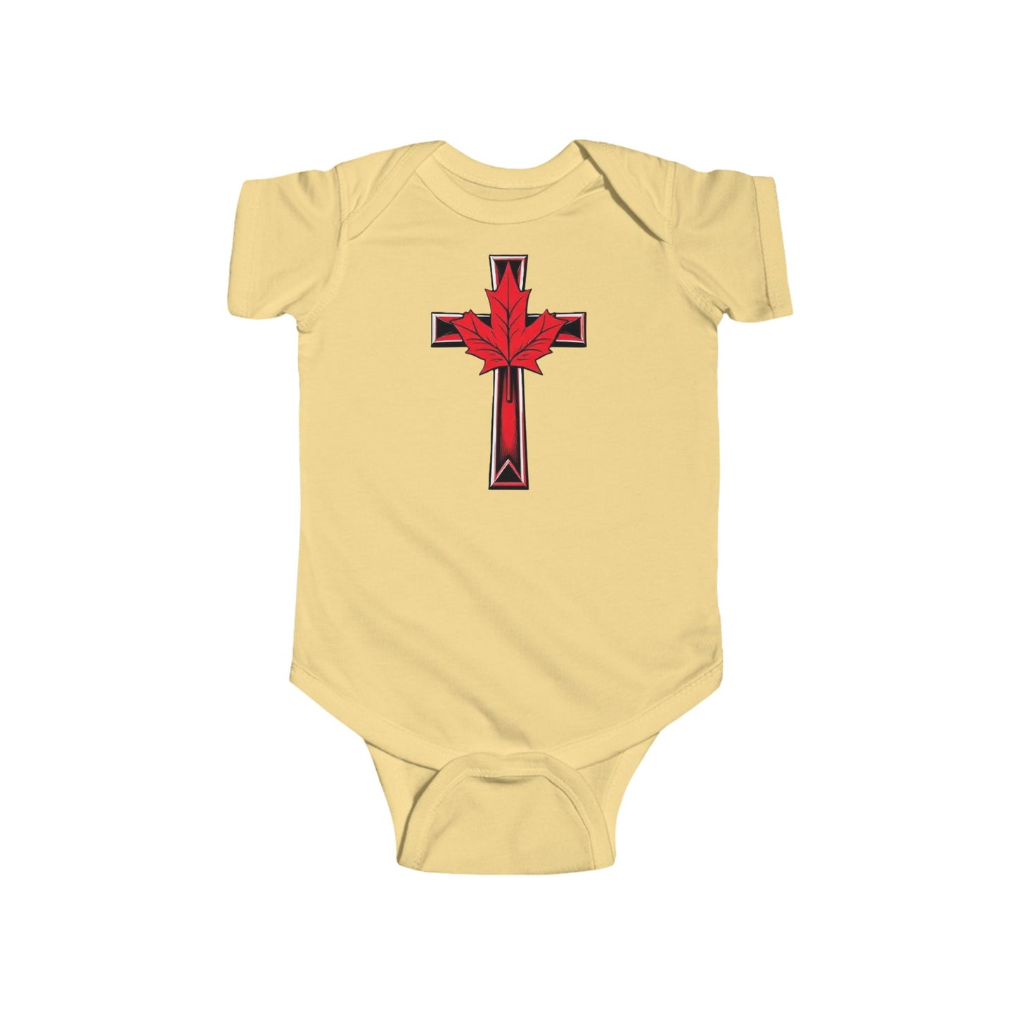 Faithfully Canadian – Short Sleeve Baby Onesie with Maple Cross