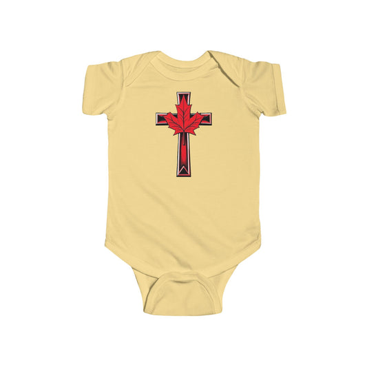 Faithfully Canadian – Short Sleeve Baby Onesie with Maple Cross