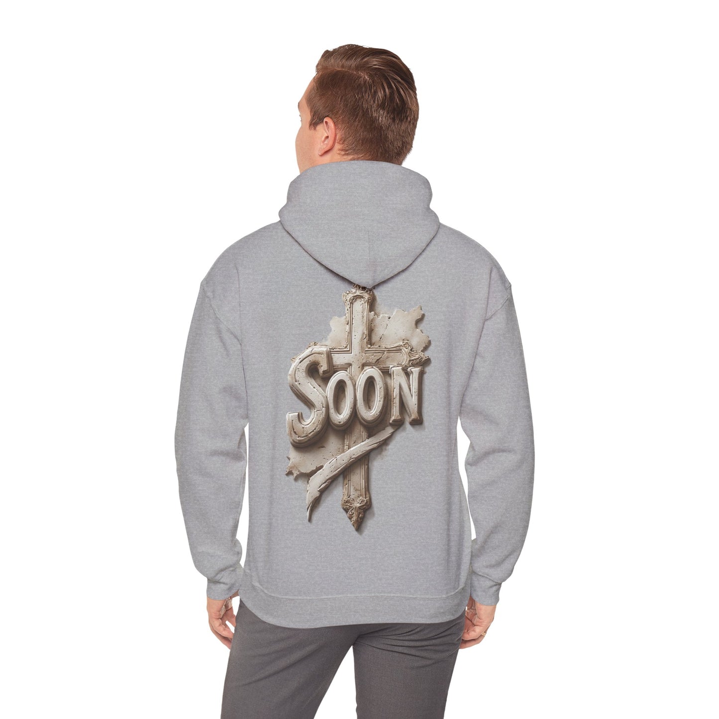 “Soon” Cross Men’s Hoodie – Back Print Faith Statement