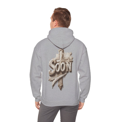 “Soon” Cross Men’s Hoodie – Back Print Faith Statement