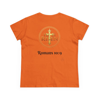 Women’s Romans 10:9 Christian T-Shirt – Jesus Is Lord & He Is Risen (Dark Lettering)