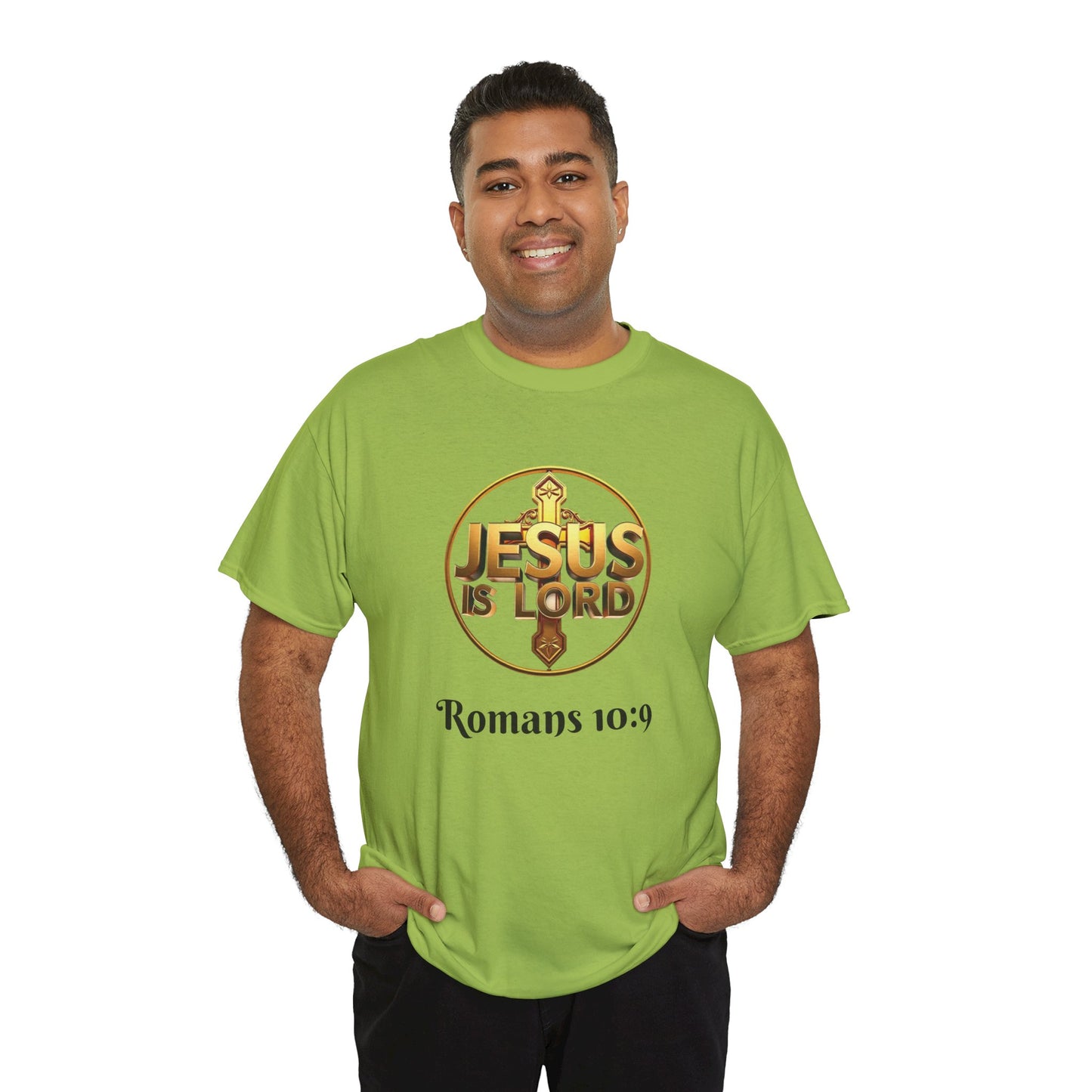 Men’s Romans 10:9 Christian T-Shirt – Jesus Is Lord & He Is Risen (Dark Lettering)