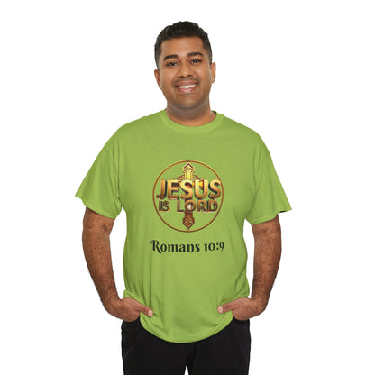 Men’s Romans 10:9 Christian T-Shirt – Jesus Is Lord & He Is Risen (Dark Lettering)