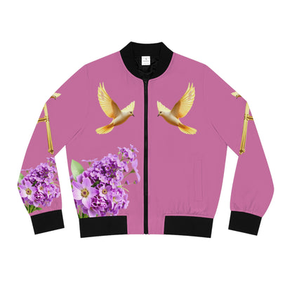 Heavenly Ascent – Gold Cross & Doves Women’s Bomber Jacket in Pink