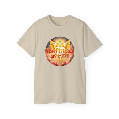 Men’s “Refined in Fire” Christian T-Shirt – Bold Flame Design Faith Tee