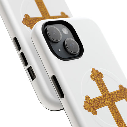 Gold Cross on White Magnetic Tough Case for iPhone – Strength in Faith