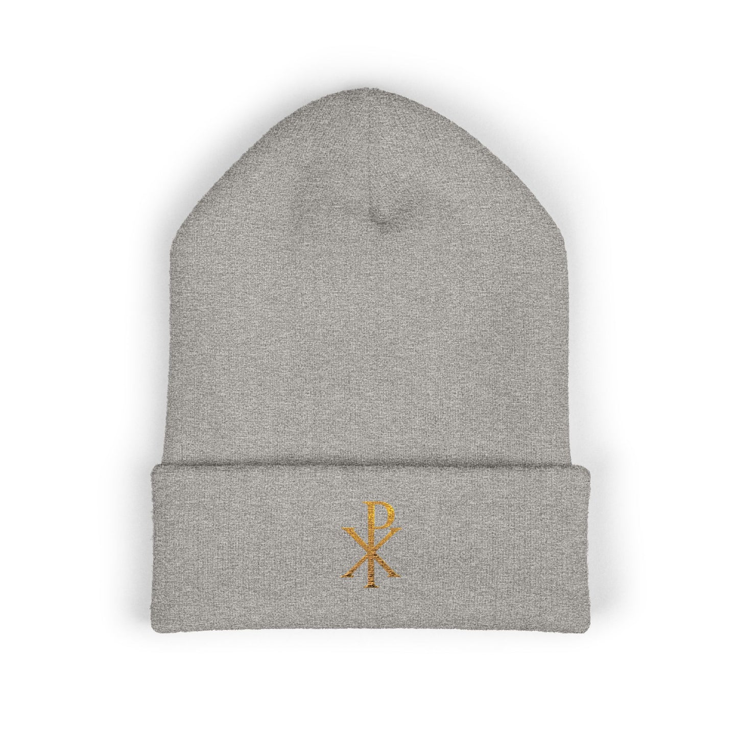 Radiant Faith Cuffed Beanie – Gold Chi Rho Embroidery
