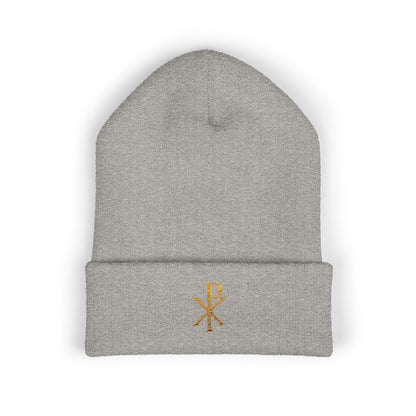 Radiant Faith Cuffed Beanie – Gold Chi Rho Embroidery