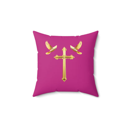 Soaring in Faith in Fuchsia – Gold Cross & Doves Throw Pillow