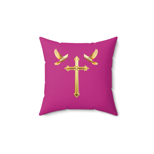 Soaring in Faith in Fuchsia – Gold Cross & Doves Throw Pillow