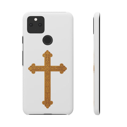 White Google Pixel 5 Snap Case – Gold Cross Design