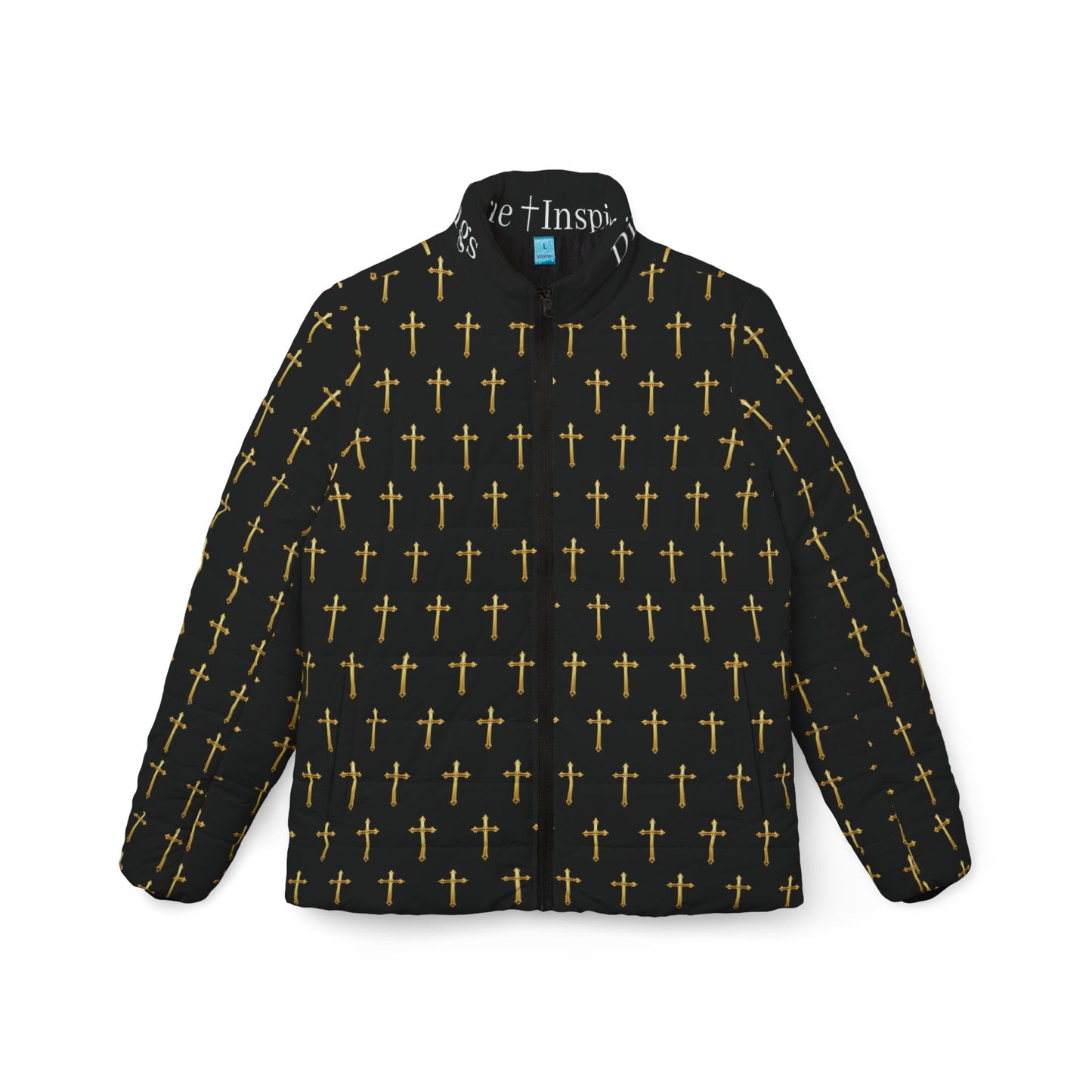 Golden Light Women’s Puffer Jacket in Black – All-Over Cross Pattern