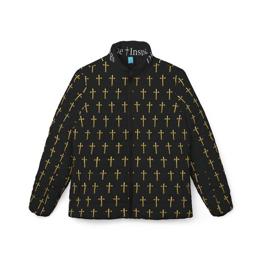 Golden Light Women’s Puffer Jacket in Black – All-Over Cross Pattern