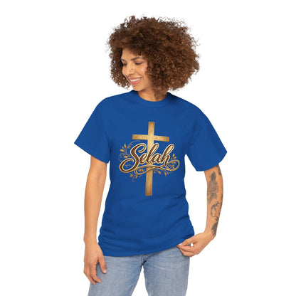 Selah Cross Tee — Women's Christian T‑Shirt with Gold Script
