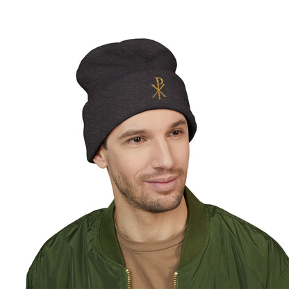 Radiant Faith Cuffed Beanie – Gold Chi Rho Embroidery