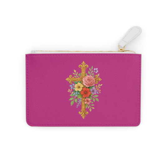 Blooming Faith Black Mini Clutch in Fuchsia – Floral Cross Accent