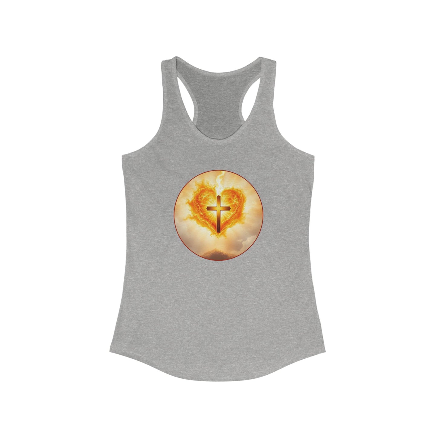 Women’s Sacred Heart Racerback Tank – Flaming Heart & Cross – Faith-Inspired Apparel