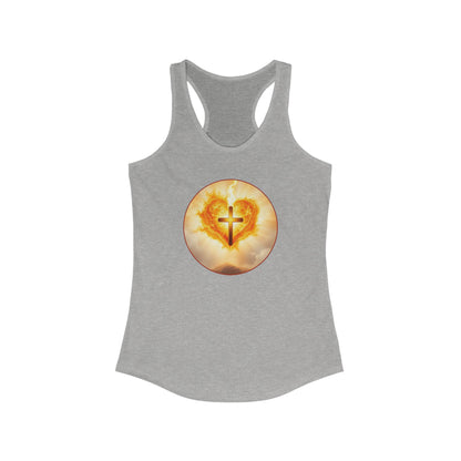 Women’s Sacred Heart Racerback Tank – Flaming Heart & Cross – Faith-Inspired Apparel