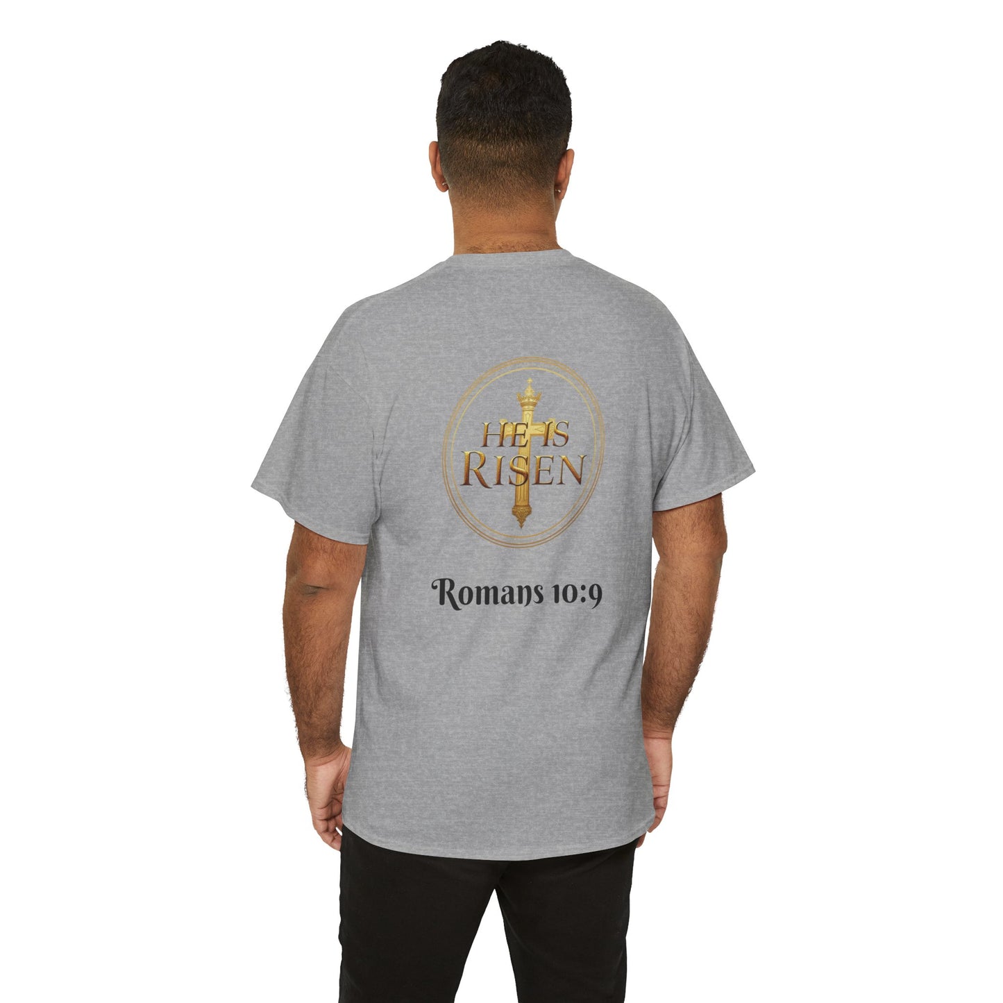 Men’s Romans 10:9 Christian T-Shirt – Jesus Is Lord & He Is Risen (Dark Lettering)