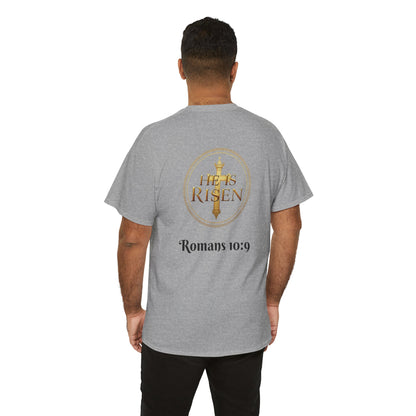 Men’s Romans 10:9 Christian T-Shirt – Jesus Is Lord & He Is Risen (Dark Lettering)