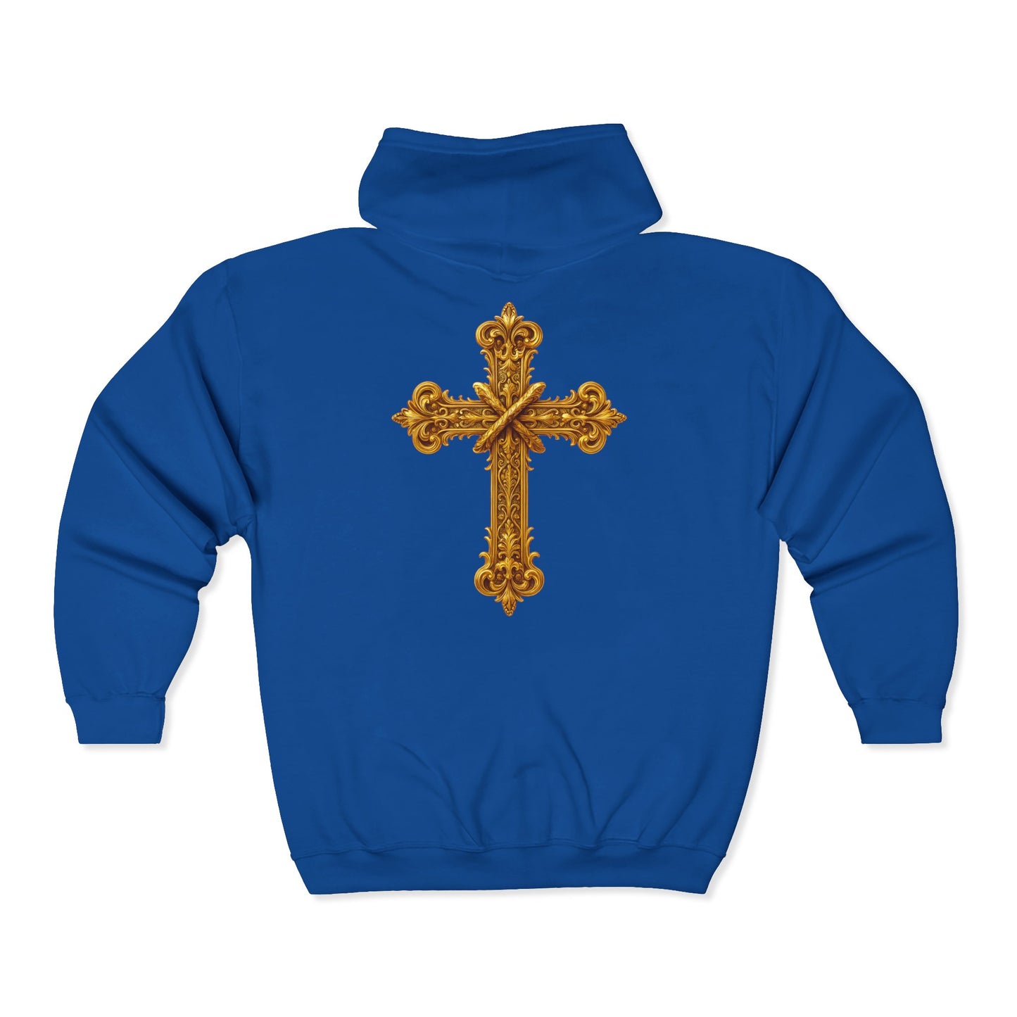 Men’s Ornate Gold Cross Zip-Up Hoodie – Spiritual Elegance & Comfort