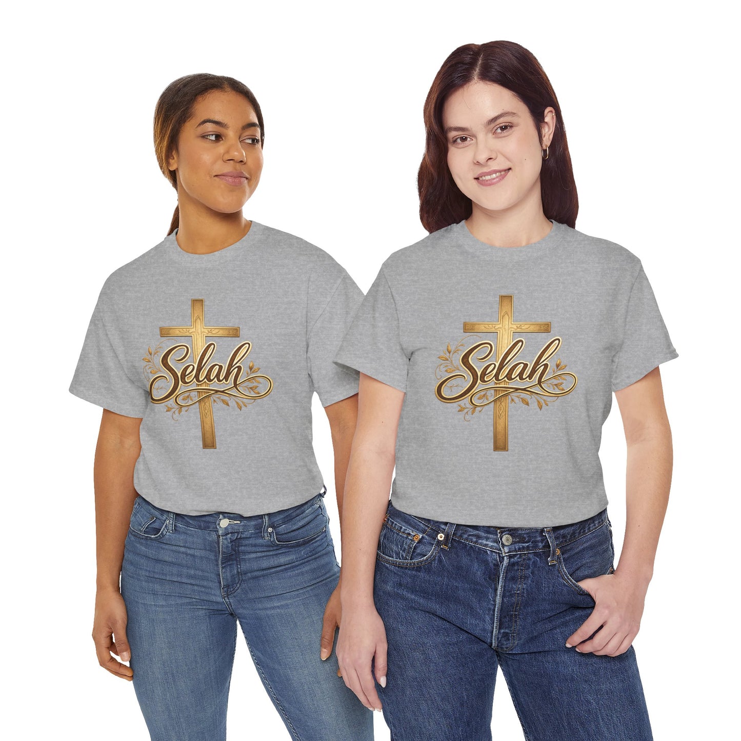 Selah Cross Tee — Women's Christian T‑Shirt with Gold Script