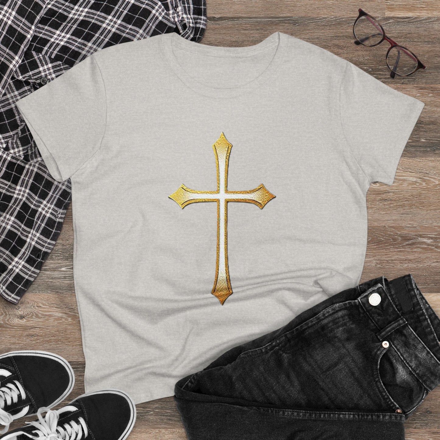 Women’s Gold Cross Tee – Christian Faith Shirt with Bold Cross Design