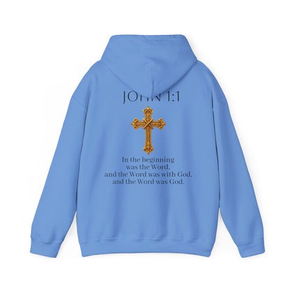 “The Word Eternal” – Men’s Christian Hoodie with Bold Dark Lettering (John 1:1)