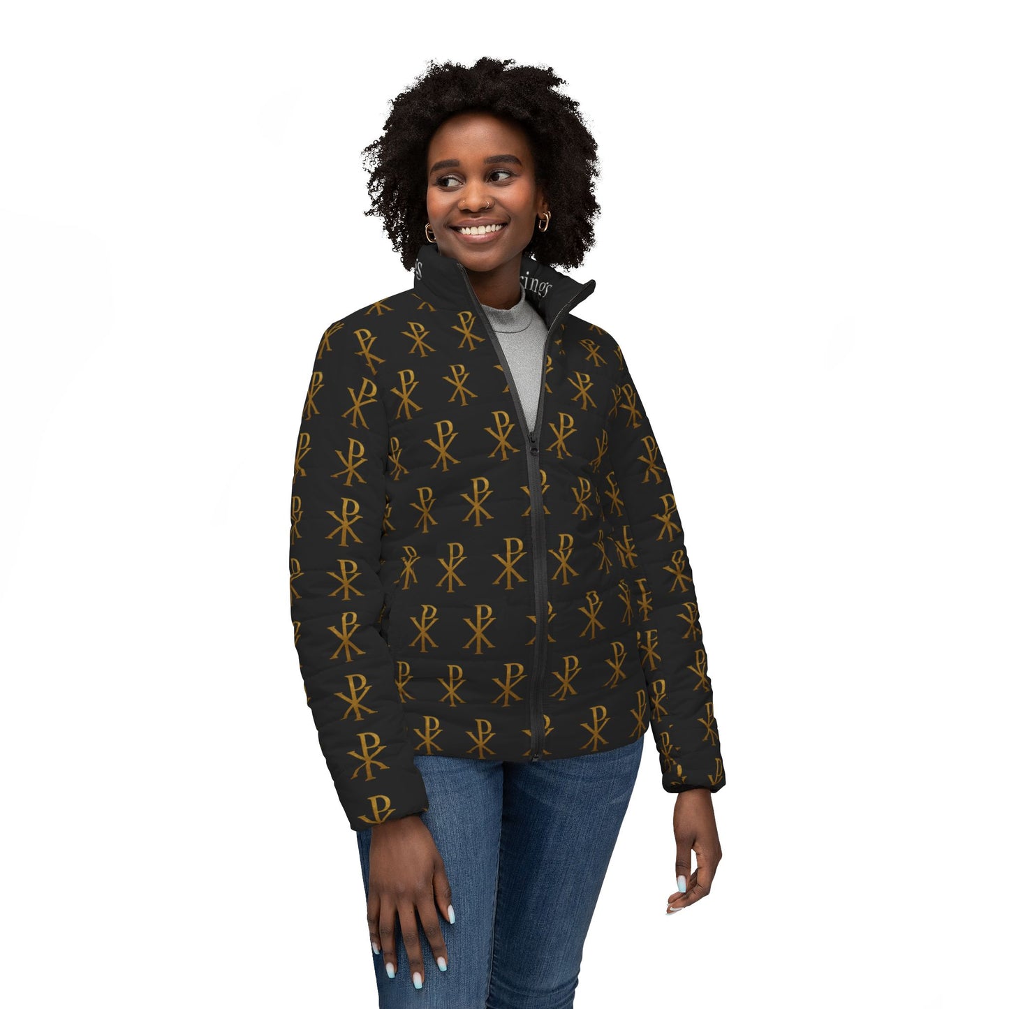 Radiant Victory Women’s Puffer Jacket in Black – Gold Chi Rho Pattern