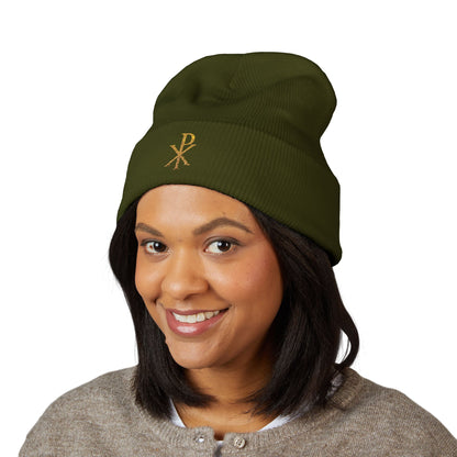 Radiant Faith Cuffed Beanie – Gold Chi Rho Embroidery