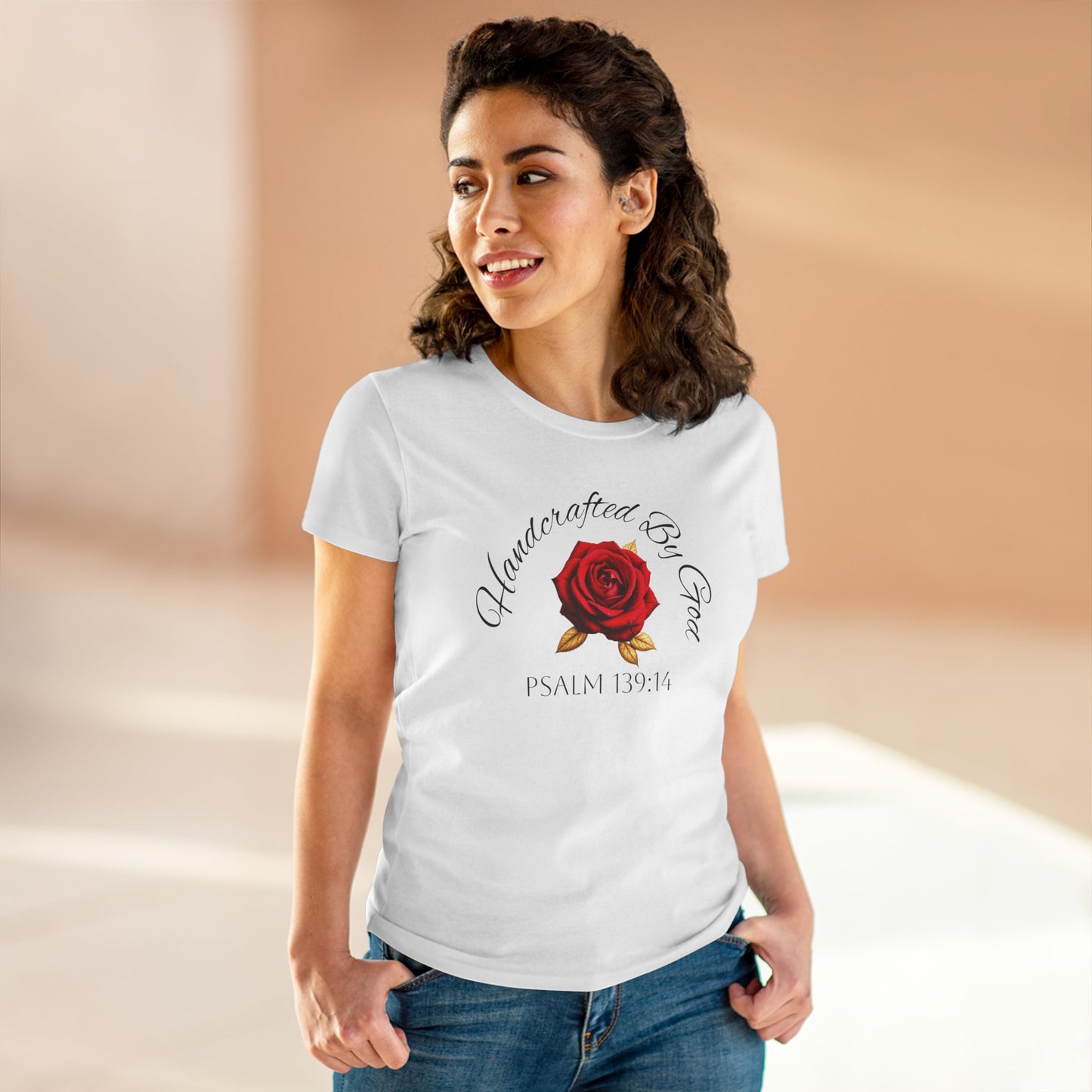 Handcrafted By God Women’s Christian Tee – Rose Design, Dark Lettering