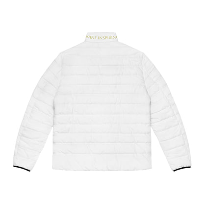 Men's White Puffer Jacket with Gold Chi Rho – Faith in Bold Contrast