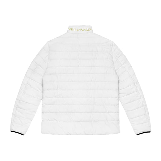 Men's White Puffer Jacket with Gold Chi Rho – Faith in Bold Contrast
