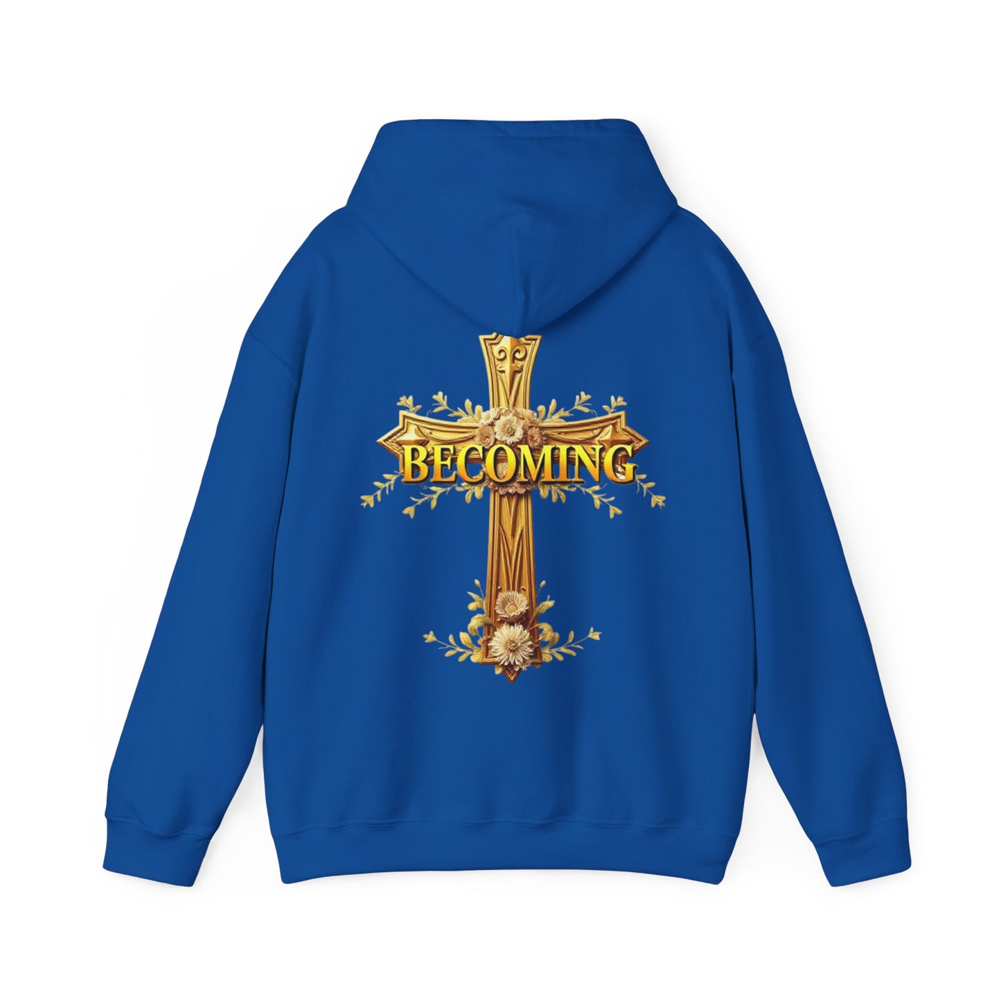 Becoming Women’s Faith Hoodie – Gold Cross Edition (1 Corinthians 15:49)