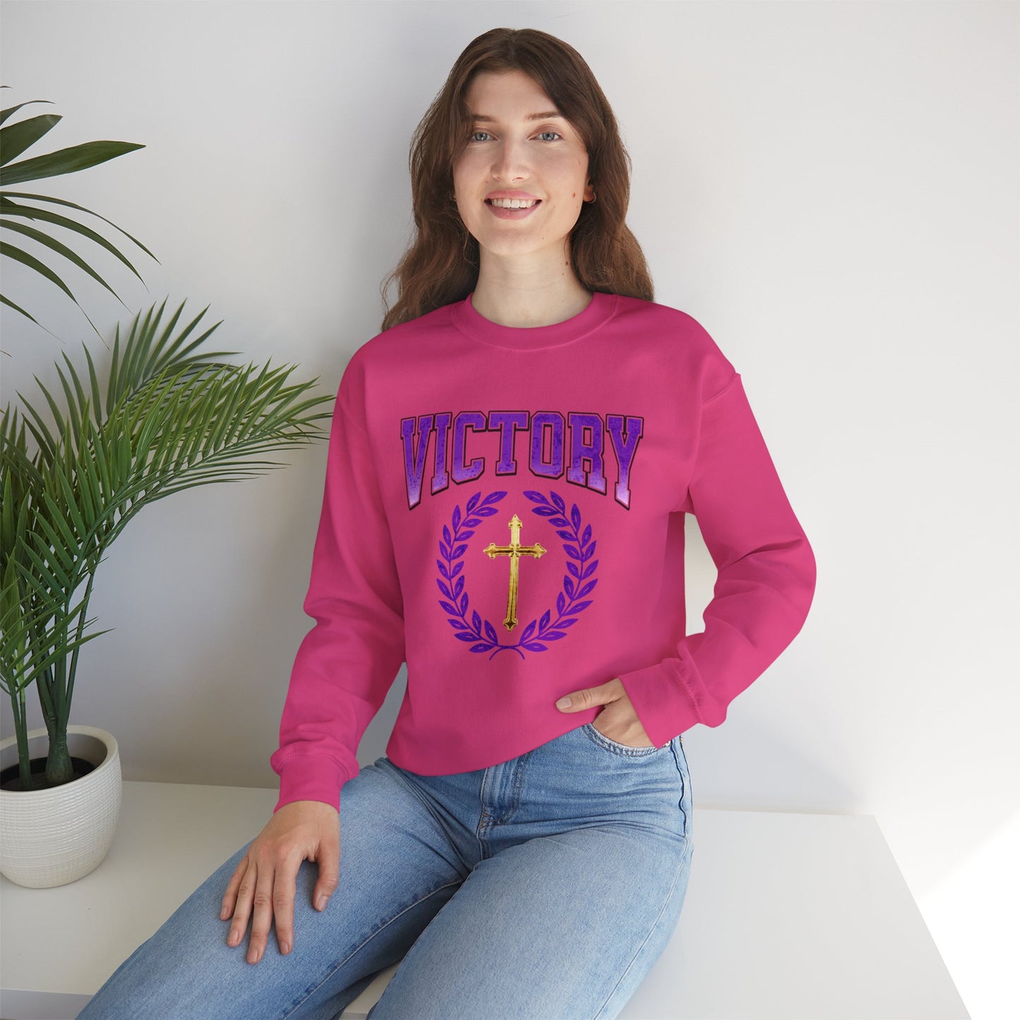 Victory Women’s Sweatshirt – Bold Purple Logo, Faith in Comfort