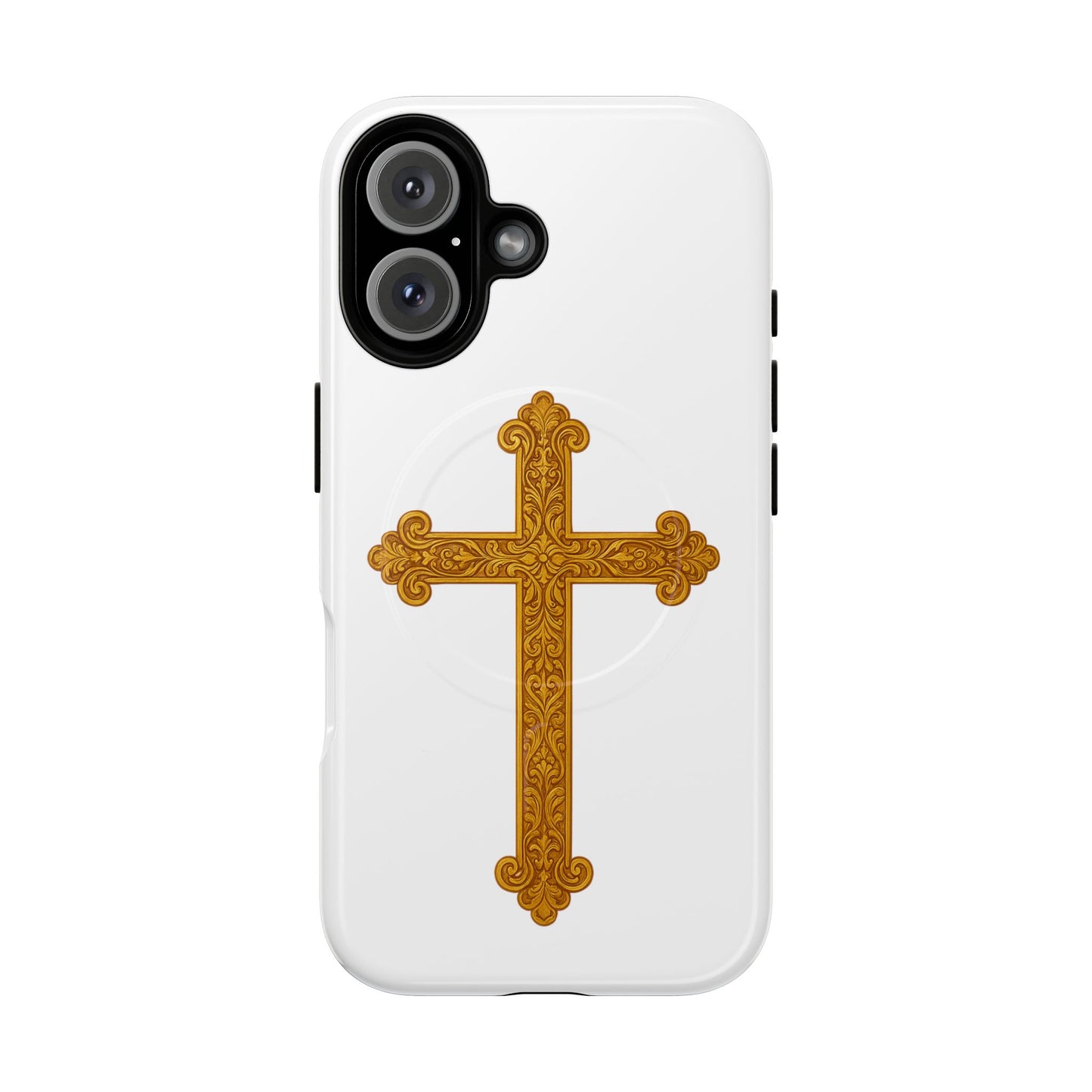 Gold Cross on White Magnetic Tough Case for iPhone – Strength in Faith