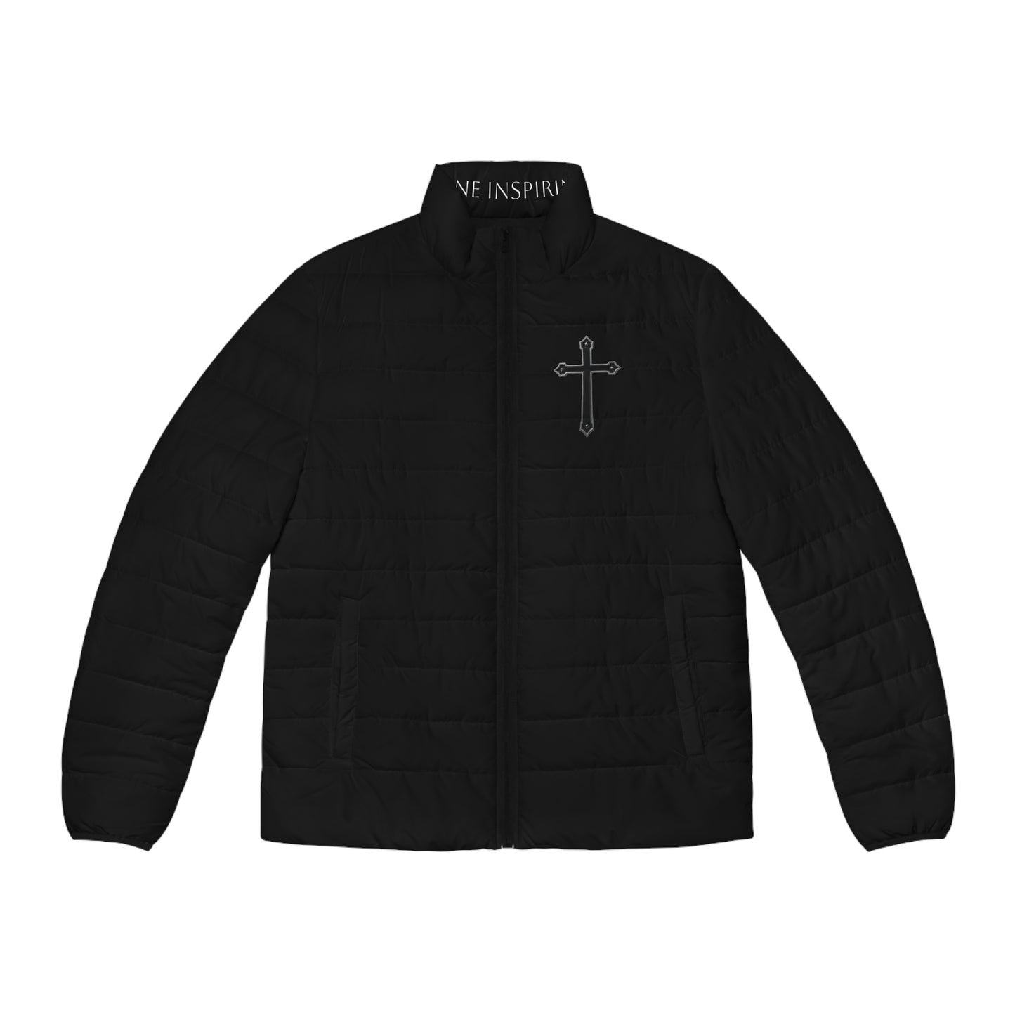 Steadfast Faith Men’s Puffer Jacket in Black – Black Cross Crest
