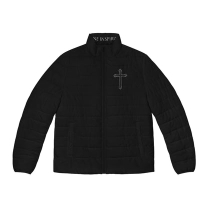 Steadfast Faith Men’s Puffer Jacket in Black – Black Cross Crest